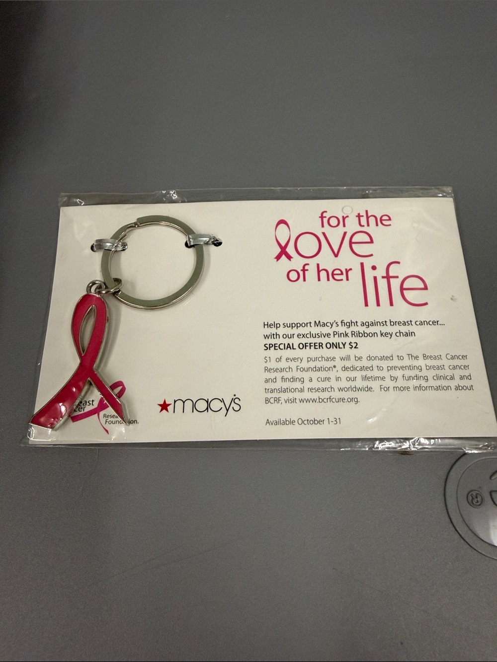 Macy's Pink Ribbon Enamel Keychain with Silver Ring